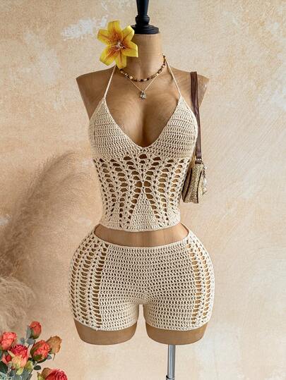 Soleia Women's Solid Color Halter Tie Backless Top And Shorts Casual Daily Knit 2-Piece Set