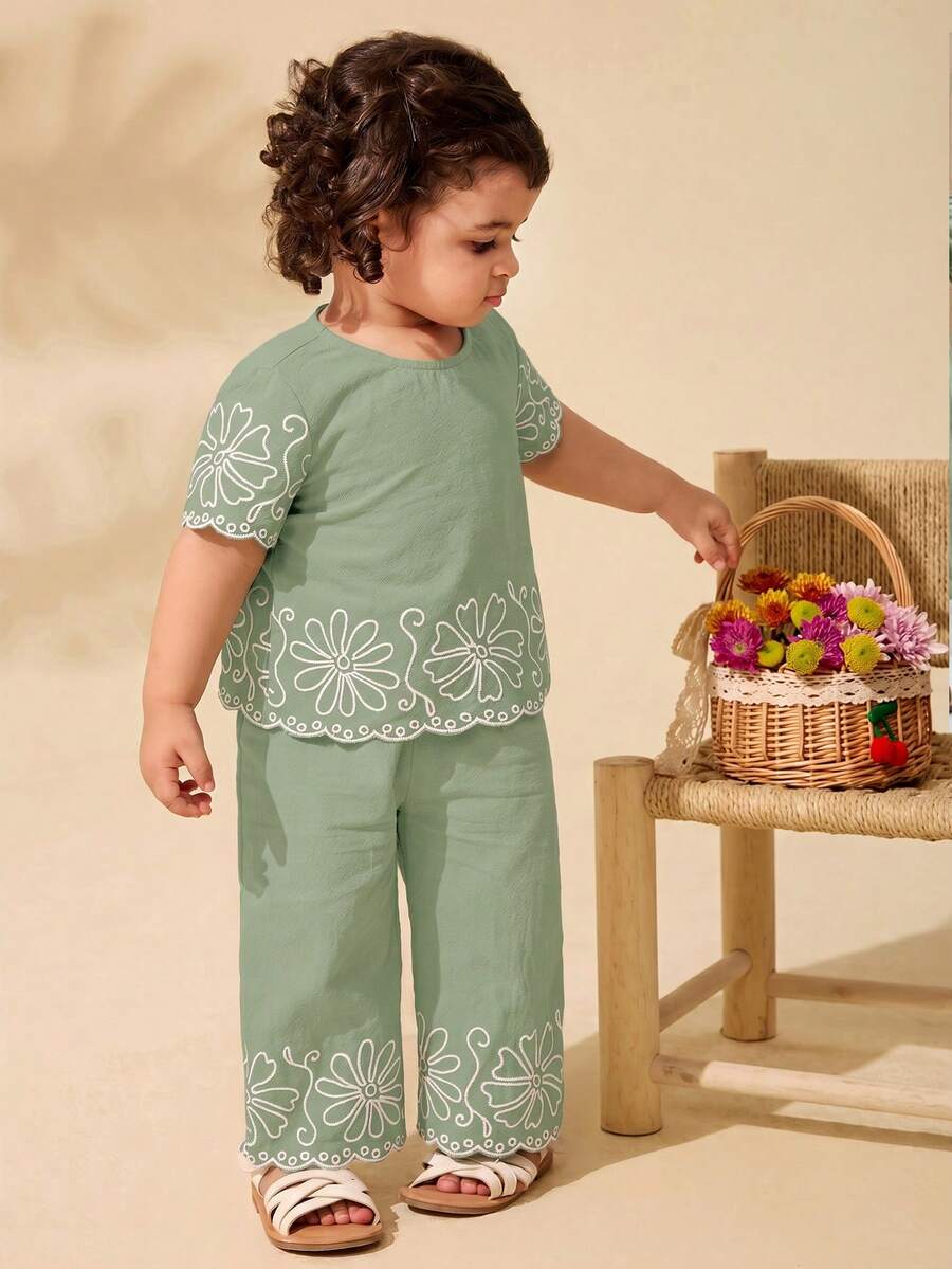 Travachic KIDS Set 2pcs Baju Bayi Perempuan Tenun Warna Polos Bordir Leher Bulat dan Celana Kasual Longgar - Mint Green - View 1