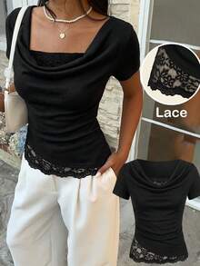 Serisse Women's Elegant Solid Color Lace Patchwork T-Shirt, Summer,Summer Top - Black - View 8