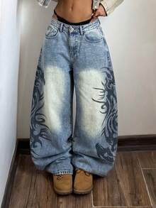 Jeanoix Jeans acampanados de talla grande con estampado retro vintage - Lavado ligero - Ver 5