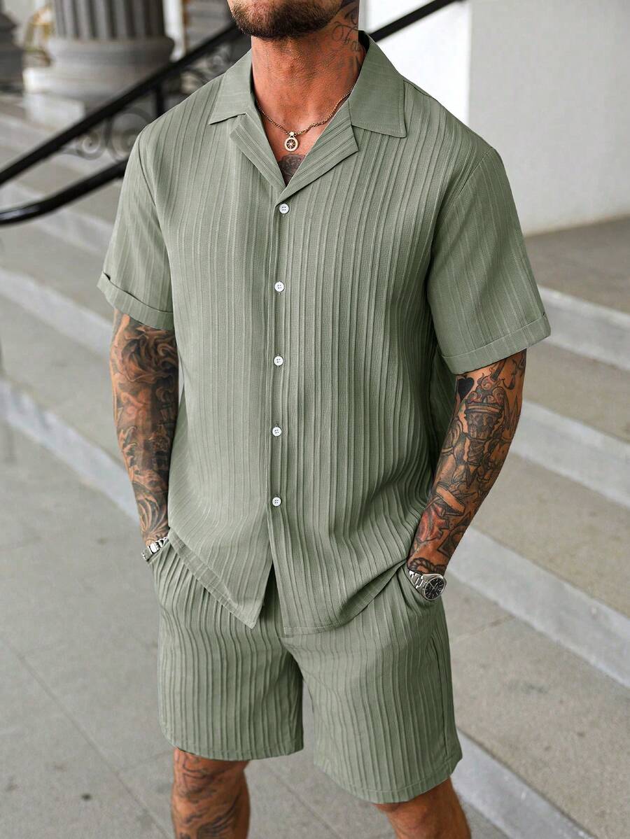Manfinity Homme Bộ áo sơ mi và quần short nam kiểu dáng thường ngày cho kỳ nghỉ - Màu xanh Bạc hà - Xem 1