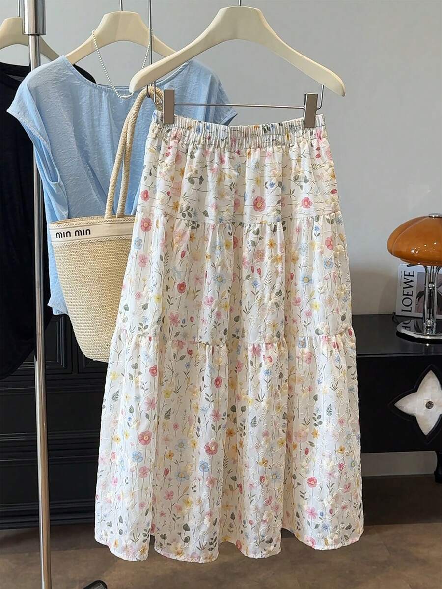 Qadelle Chân váy nữ cạp chun in hoa, kiểu dáng thường ngày, đa năng, thích hợp hẹn hò hoặc du lịch. - Nhiều màu - Xem 1