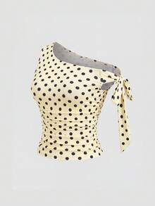 Sweetra Camiseta ajustada con diseño de hombro asimétrico con lazo y cintura ceñida con estampado de lunares, con un estilo retro elegante, adecuada para primavera/verano, estilo europeo y americano - Amarillo - Ver 3