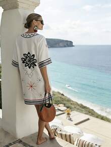 SHEIN Holidaya Đầm ngắn nữ cổ chữ V sâu, họa tiết sọc tương phản, thích hợp cho kỳ nghỉ. - Màu be - Xem 2