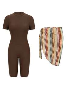 Swim Shayni Bộ đồ bơi liền thân kín đáo Shayni-D dành cho nữ, tay ngắn, màu cà phê, thiết kế khóa kéo, kết hợp với chân váy sarong lưới kẻ sọc buộc dây, thích hợp cho bãi biển, kỳ nghỉ thư giãn, hồ bơi, tiệc tùng. - Cà phê nâu - Xem 3