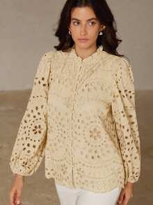 Nueva llegada Otoño Estilo francés Casual Blusa de manga larga con bordado, pliegues y calados en la parte delantera - Beis - Ver 4