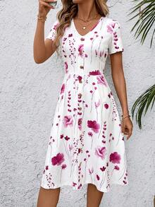 SHEIN Clasi Đầm trắng in hoa dành cho nữ, thanh lịch cho kỳ nghỉ, mùa xuân/hè. - Màu Hồng Tươi - Xem 6
