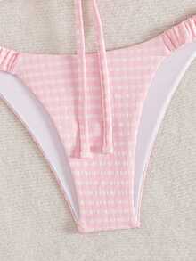 Swim Mod Conjunto de bikini de 2 piezas de color rosa vibrante con frente de volantes con textura, lazo en la cintura y plisado, de moda dulce y elegante para fiestas, verano y vacaciones en la playa - Rosa - Ver 6