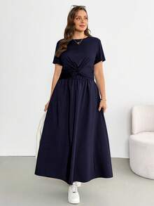 SHEIN Essnce 大码女装春夏时尚休闲宽松舒适日常百搭显瘦黑色露脐上衣和黑色长裙两件套，夏季穿搭，简约风格，黑色套装 - 藏蓝色 - 查看 6