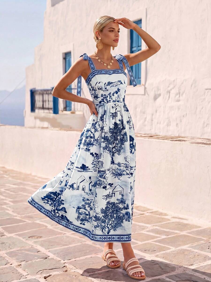 Vivid Eden Woven Printed Spaghetti Strap Dress For Women - Blue and White - View 1