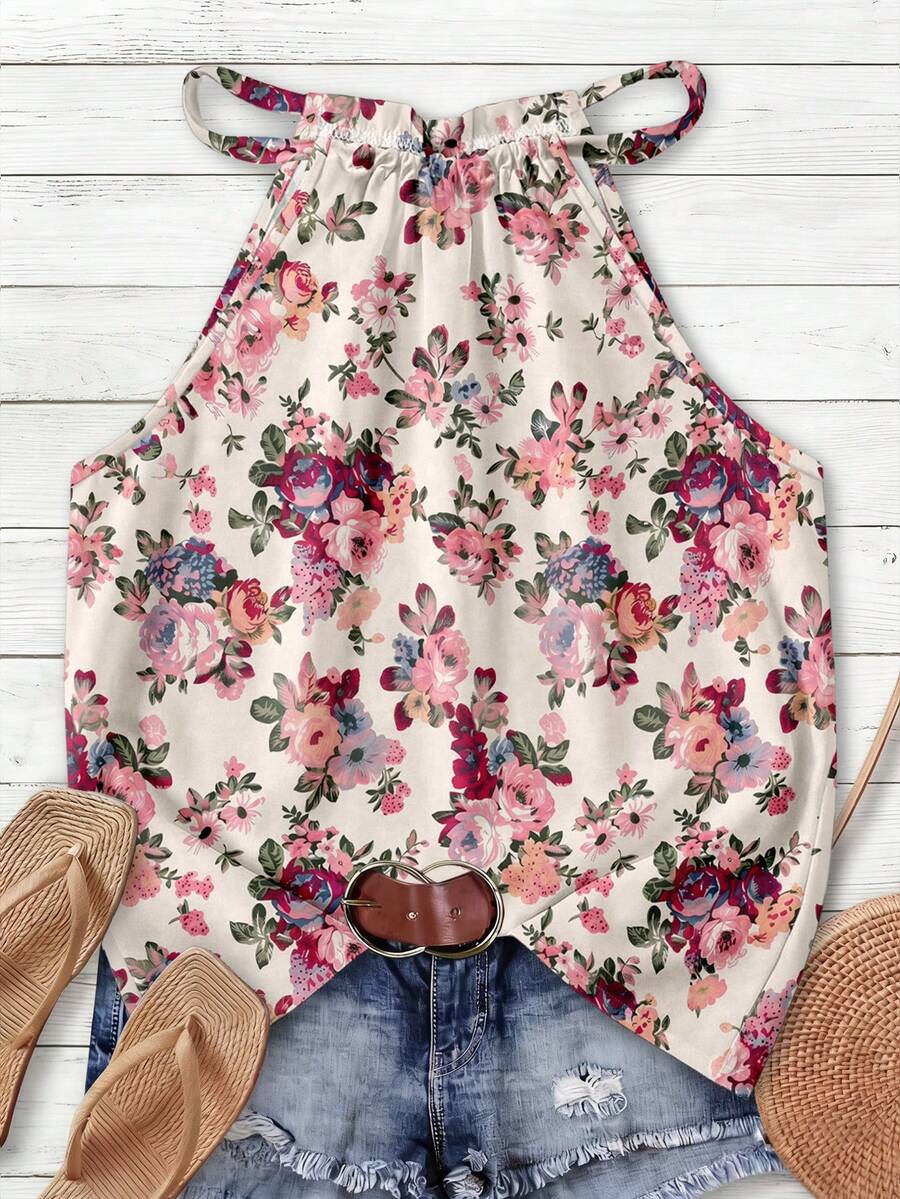 SHEIN LUNE Áo tank top cổ yếm in hoa dáng casual dành cho nữ, thích hợp cho mùa xuân và mùa hè. - Nhiều màu - Xem 1