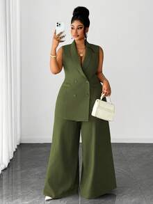 Maweii Setelan Jas Wanita Ukuran Besar Kasual Elegan dengan Kancing dan Celana Panjang Lebar, Cocok untuk Kantor/Perjalanan, Musim Gugur/Musim Dingin - Dark Green - View 1