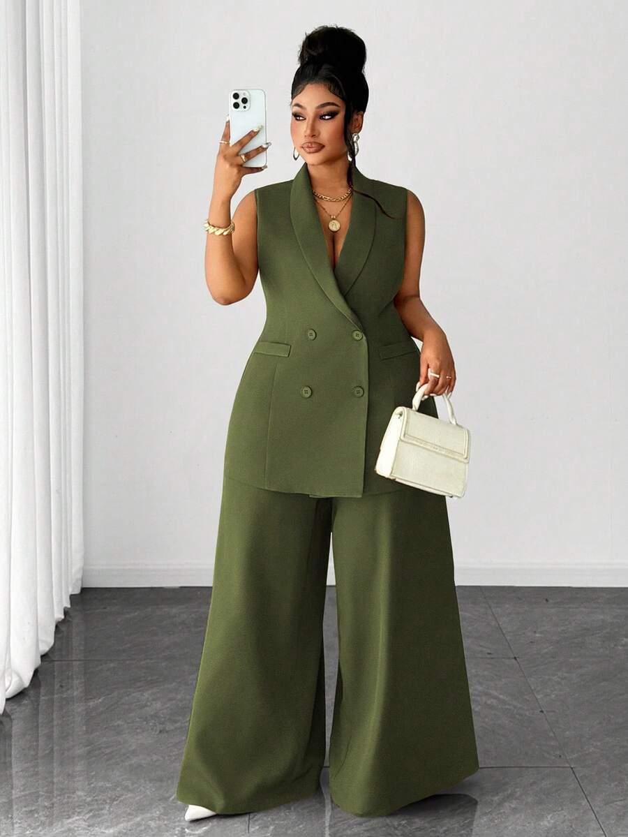Maweii Setelan Jas Wanita Ukuran Besar Kasual Elegan dengan Kancing dan Celana Panjang Lebar, Cocok untuk Kantor/Perjalanan, Musim Gugur/Musim Dingin - Dark Green - View 1