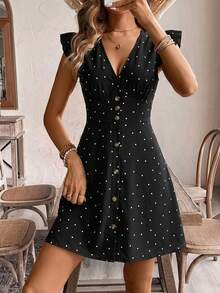 SHEIN Frenchy Đầm nữ phong cách Pháp cổ điển, thanh lịch, lãng mạn, retro, họa tiết chấm bi đen trắng, cổ chữ V, tay bồng, dáng chữ A, cài cúc phía trước - Đầm hè đa năng dành cho những người yêu âm nhạc. - Nhiều màu - Xem 4