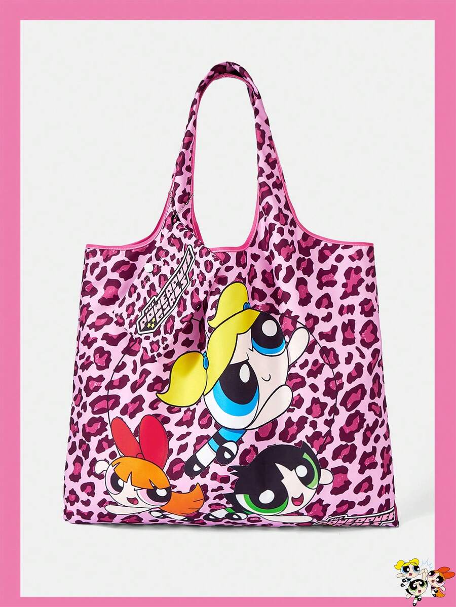 THE POWERPUFF GIRLS X SHEIN 1件裝 愛情三人組 小女警圖案摺疊購物袋 大容量防水托特包 - 多色A1 - 查看 1