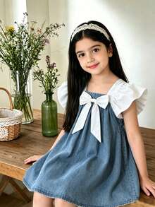 Elladie kids 少女休閒優雅牛仔洋裝，柔軟花卉圖案設計配上飄逸袖 - 藍色 - 查看 7