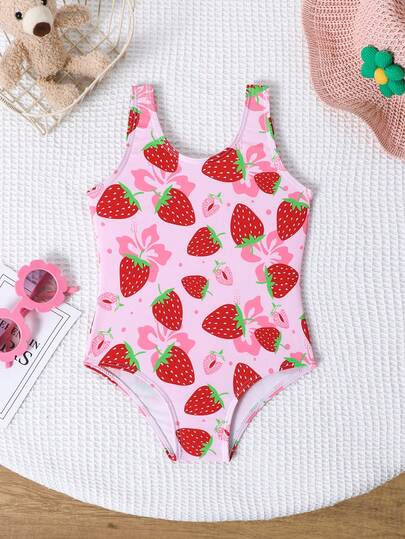Baby Girl Cute Strawberry & Floral Print One-Piece Swimsuit, Summer Beach Holiday
