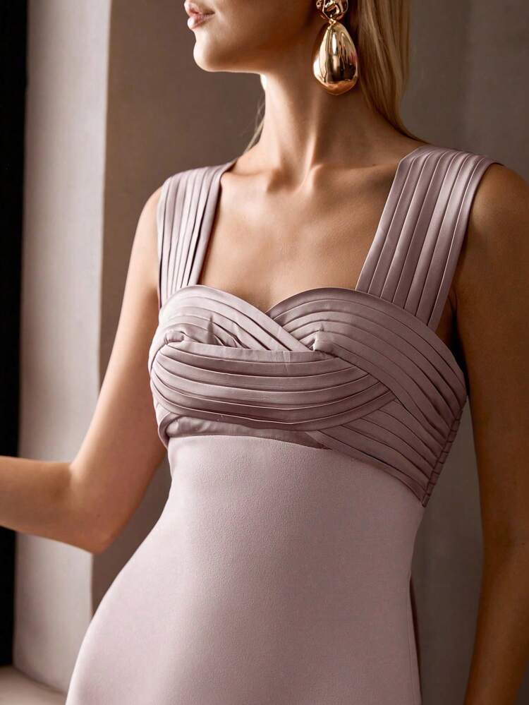 MOTF Soiréza ELEGANT WIDE SHOULDER STRAP MAXI PARTY DRESS FOR WOMEN , RUCHED SHOULDER & CHEST DETAIL, BACK DRAPED RIBBON, KNIT CONNECT SATIN FABRIC, PERFECT FOR WEDDINGS, AWARD CEREMONIES & HIGH-END PARTIES EVENTS NEW YEAR OUTFIT , VALENTINE'S DAY PARTY OUTFITS
