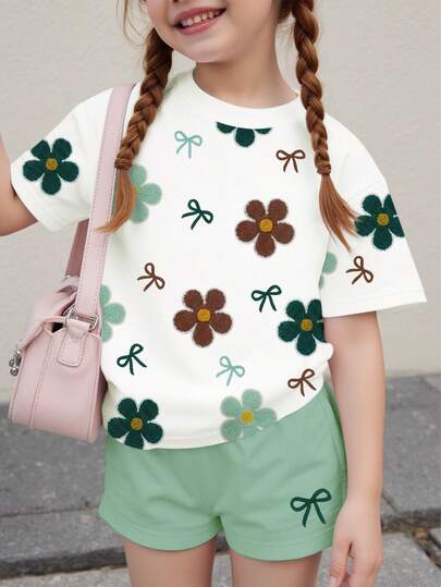2pcs/Set Young Girl Casual Soft Loose Round Neck Short Sleeve T-Shirt And Shorts Set, Floral Print Tee And Solid Color Shorts, Suitable For Spring & Summer Daily Casual Wear, Cute Outfits , Summer Vacation, Korean Style, Back To School, Comfortable And Fashionable Children's Clothing, Spring & Summer Casual Wear, Children's Graphic Tee, Summer New , Spring & Summer Fashion