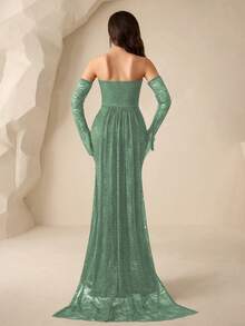 Coutiva Women's Faux Pearl Decor Strapless Ruched Waist Elegant Banquet Dress - Green - View 2