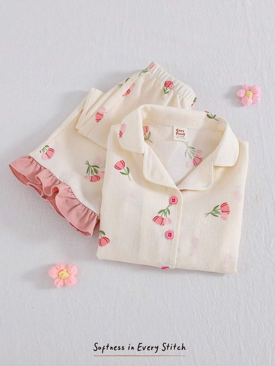 Cozy Pixies 女婴碎花印花翻领短袖开衫和松紧腰短裤两件套 - 彩色 - 查看 1