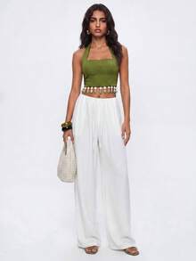 Avantive Women's Sexy Vacation Halter Neck Backless Top With Tassel Hem - Green - View 8