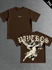 PAVTROS Áo thun nam tay ngắn in chữ và hình thiên thần - Cà phê nâu - Xem 6