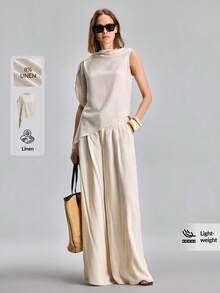 Ontre Áo nữ dáng rộng, màu trơn, thiết kế bất đối xứng, kiểu dáng thường ngày - Màu be - Xem 3