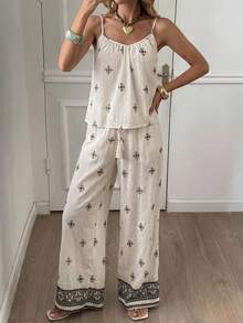 Breezaya Ensemble décontracté et élégant de 2 pièces à imprimé floral bohème pour femmes, débardeur à bretelles fines et pantalon large en mélange de lin pour les vacances, débardeur à bretelles fines et pantalon large 2 pièces pour la maison et les loisirs, ensemble Top débardeur à imprimé floral et pantalon large en mélange de lin pour le quotidien et le brunch, ensemble bohème Y2K de 2 pièces à imprimé floral, tenue d'été blanche pour les vacances - Nude - Voir 7
