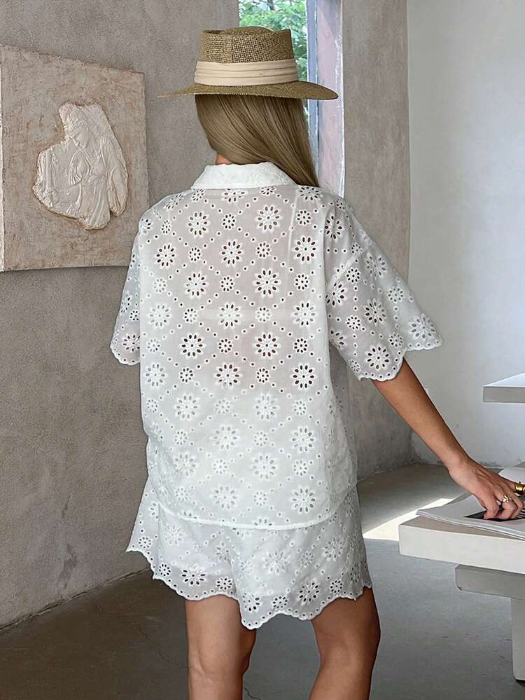 Women's Embroidered Single-Breasted Top And Shorts Casual 2 Pieces Set