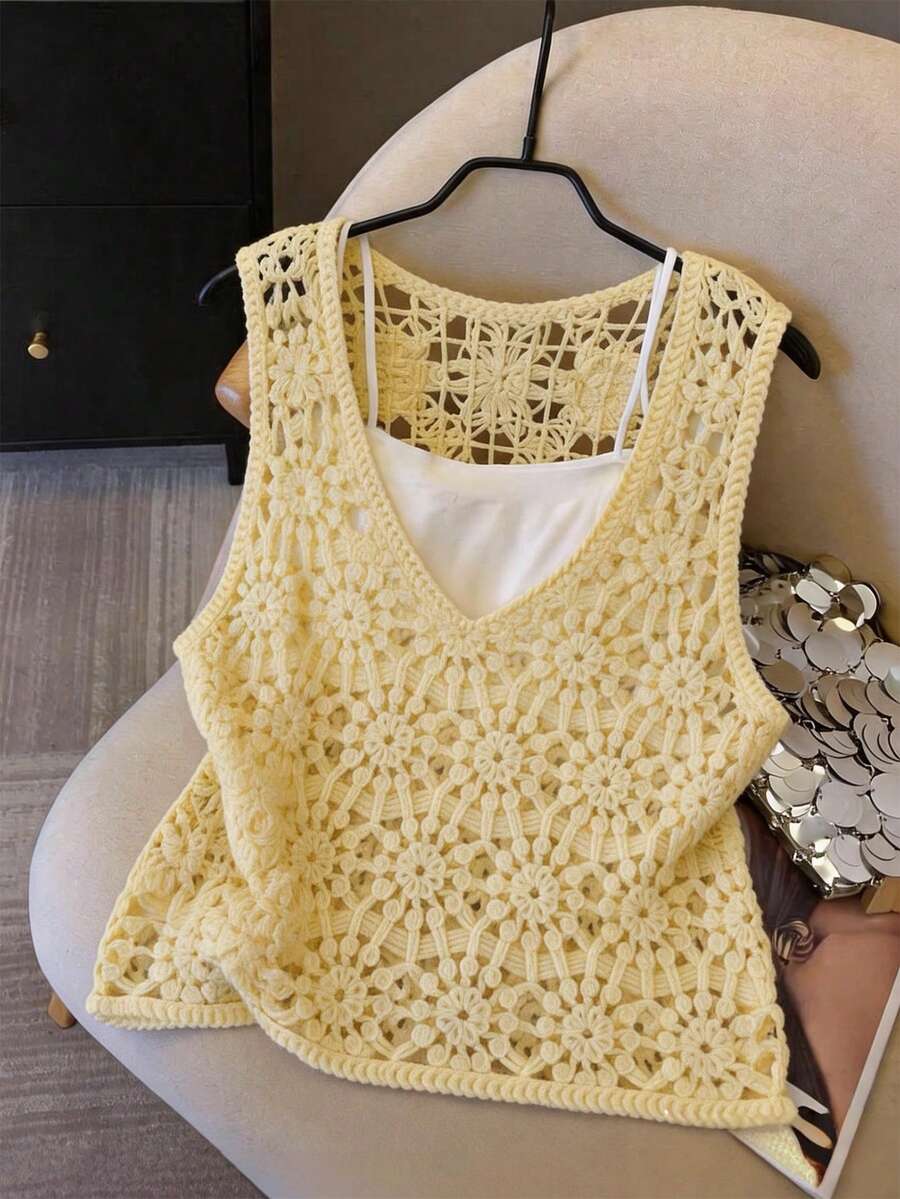 SHEIN Franclia Áo khoác không tay dệt ren mùa xuân/hè dành cho nữ, kiểu dáng rộng rãi thoải mái, thích hợp cho kỳ nghỉ và đi làm. - Màu vàng - Xem 1