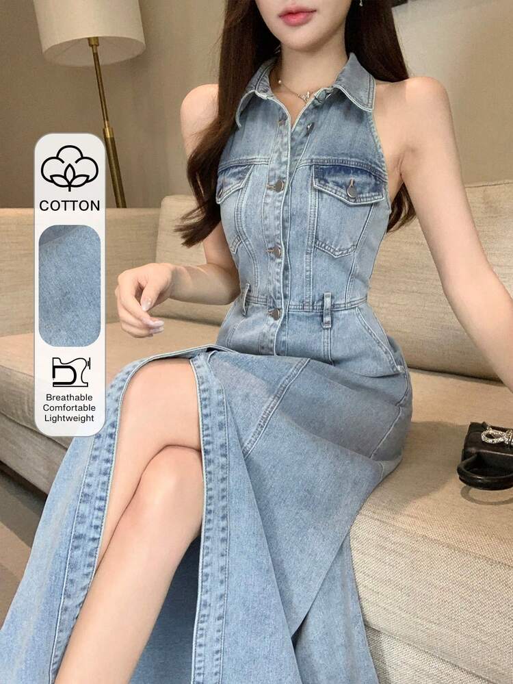 Women's Casual Vacation Style Front Button Sleeveless Denim Dress, Spring/Summer Sun Dresses For Women