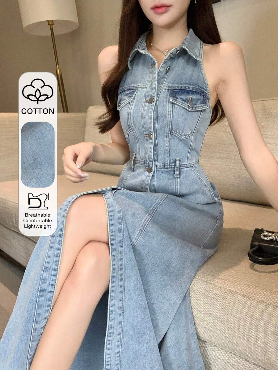DAZY 女士休闲度假风前扣无袖牛仔连衣裙，春夏女式连衣裙 - 藍色 - 查看 1