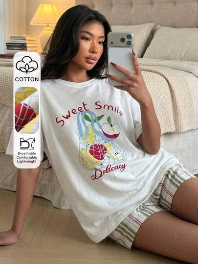 Livesso Women's Summer Fruit & Letter Print Loose Shoulder Top And Contrast Striped Shorts Pajama Set