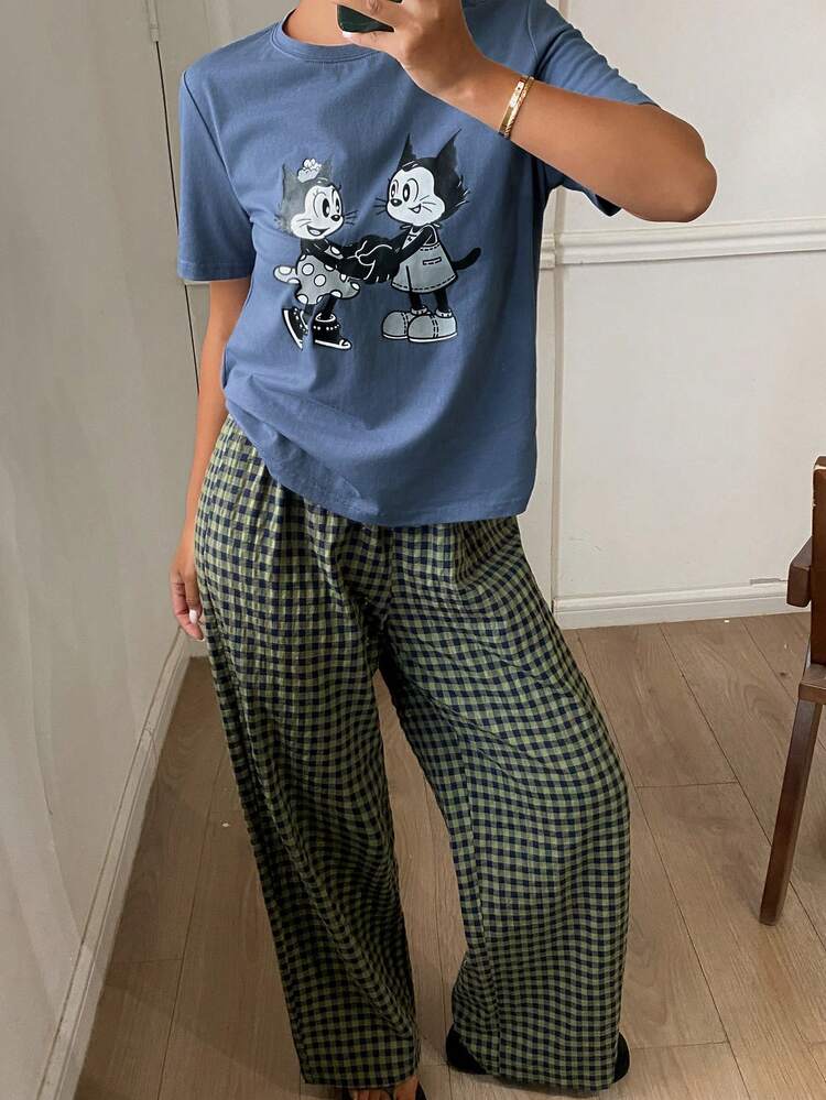 Women's Cartoon Print Short Sleeve Top And Plaid Pants Casual Loungewear Set