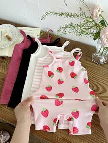 SHEIN Bộ 5 món áo liền quần dệt kim màu trơn kẻ sọc họa tiết dâu tây cho bé gái - Nhiều màu - Xem 3
