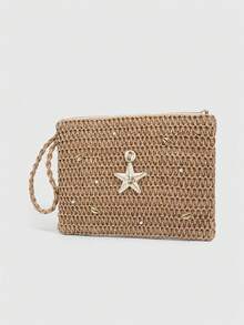 SHECARRY 1Pc Bohemian Vacation Style Corn Husk Woven Clutch, Rhinestone ,Starfish, Coconut Tree Decor, Women's Evening Bag,Spring Summer Resort Woven Clutch, Starfish & Pearl & Shell Decor, Corn Husk Handbag For Women - Multicolor F - View 5