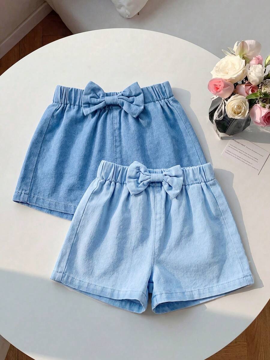 Genkimix Kids 2pcs Baby Girls' Denim Loose Shorts Set, Summer Washed Versatile Comfortable Pockets Design, Bow Decor, Elastic Waist, Light Blue Thin Tencel Fabric, Suitable For Daily Outing And Vacation - Blue - View 1