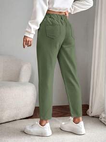EMERY ROSE Celana Jeans Wanita Model Paperbag Pinggang Lurus Warna Hijau Zaitun untuk Musim Gugur, Kasual Sehari-hari - Hijau - View 6