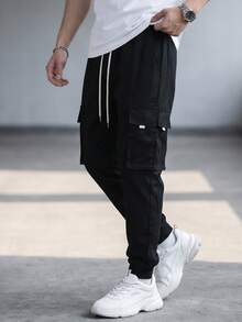 Manfinity Roghcode Men's Solid Color Slant Pocket Drawstring Waist Casual Cargo Pants - Black - View 3