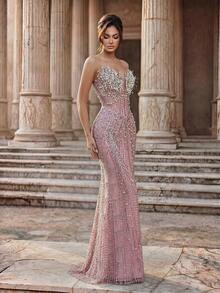 Glamrae Elegant Luxurious Sequin Embellished Strapless Mermaid Dress, Suitable For Weddings, Parties, Vacations, Galas, And Formal Events - Pink - View 7