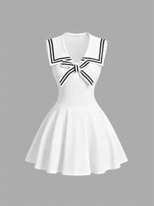 Sweetra New Spring/Summer Women's Nautical Collar Retro Sexy Slim Fit Elegant College Style Vacation Versatile Comfortable Casual Blue Dress - White - View 1