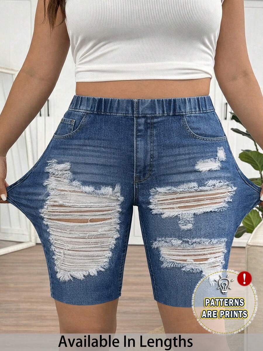 SHEIN Tall CURVE Plus Size Navy Blue Denim Effect Ripped Casual Leggings, Suitable For Summer Wear Formal