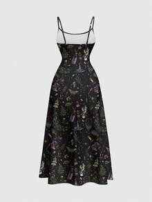 ROMWE Gothic Dark Academia Witchy Botanical Print Plus Size Cami Dress Fall - Black - View 2