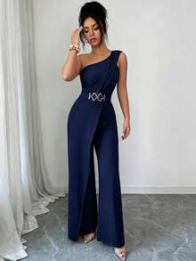 Elenzga Jumpsuit Wanita Warna Polos untuk Pakaian Kasual Sehari-hari - Navy Blue - View 9