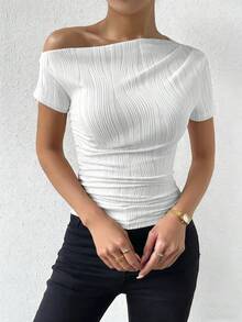 Glyssa Camiseta de manga corta con textura ondulada asimétrica y fruncido casual para mujer, camiseta blanca sexy y elegante para primavera/verano - Blanco - Ver 5