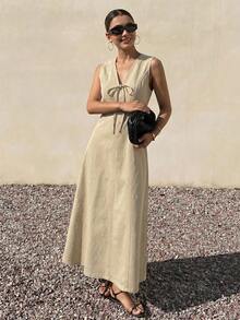 Livesso Đầm denim midi dáng suông, rộng rãi, thanh lịch, thích hợp cho mùa xuân và hè, phong cách Bohemian, thường ngày, đi nghỉ mát, du lịch, nghỉ mát, đi biển, công sở, dành cho nữ. - Màu be - Xem 2