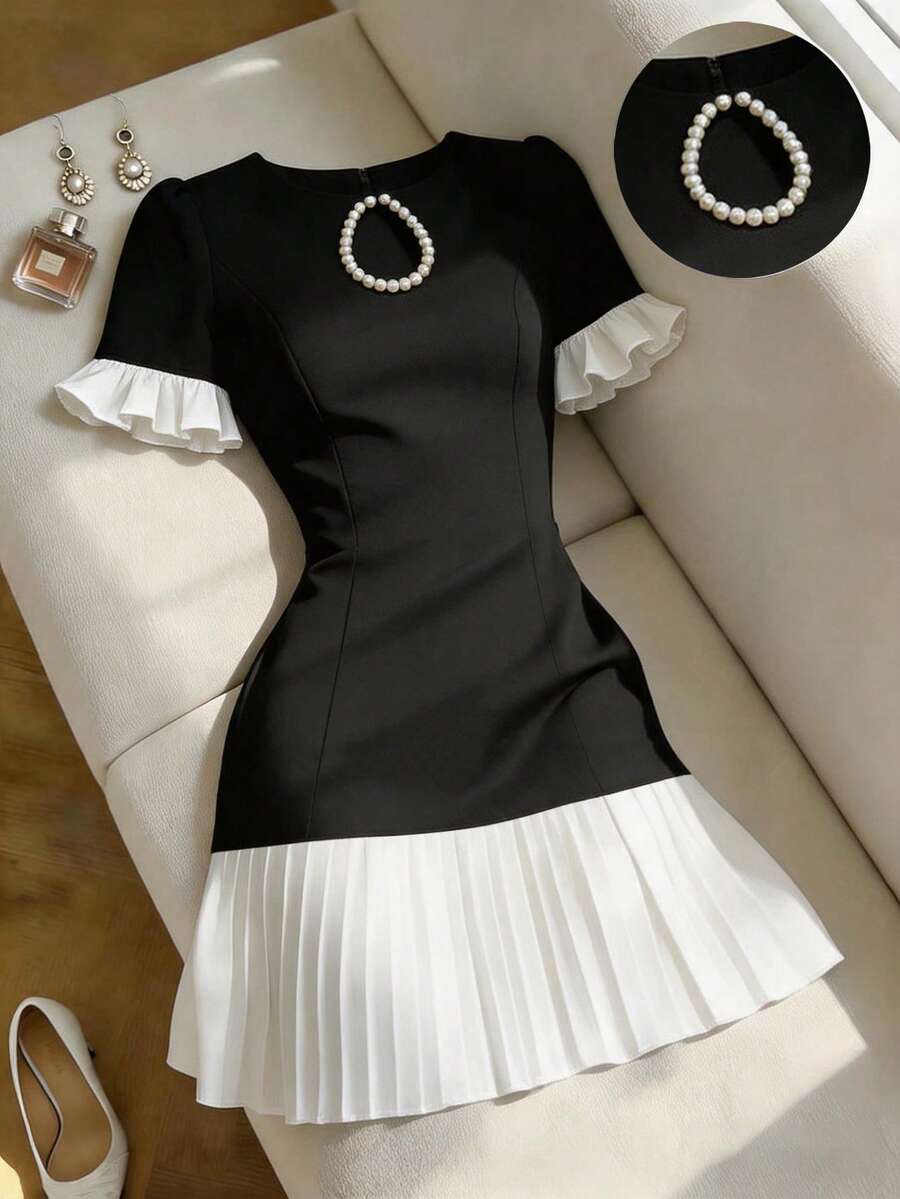 SHEIN Franclia 优雅撞色褶皱夏季连衣裙 - 黑色 - 查看 1