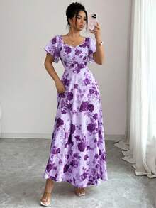 SHEIN Elenzya Women Purple Floral Elegant Summer Tea Party Rose Ditsy Floral Ruched Front Ruffle Sleeve Waist A-Line Maxi Dress,French Retro Vacation Date Fashion - Multicolor - View 4