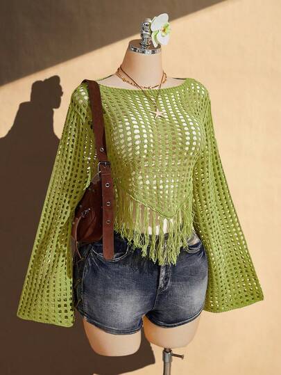 SHEIN ICON Women's Plus Size Spring/Summer Retro Sexy Simple Casual Fashionable Individual Millennial Style Y2K Beach Vacation Party Breathable Mesh Crochet Pointed Hem Tassel Bell Sleeve Green Knit Top
